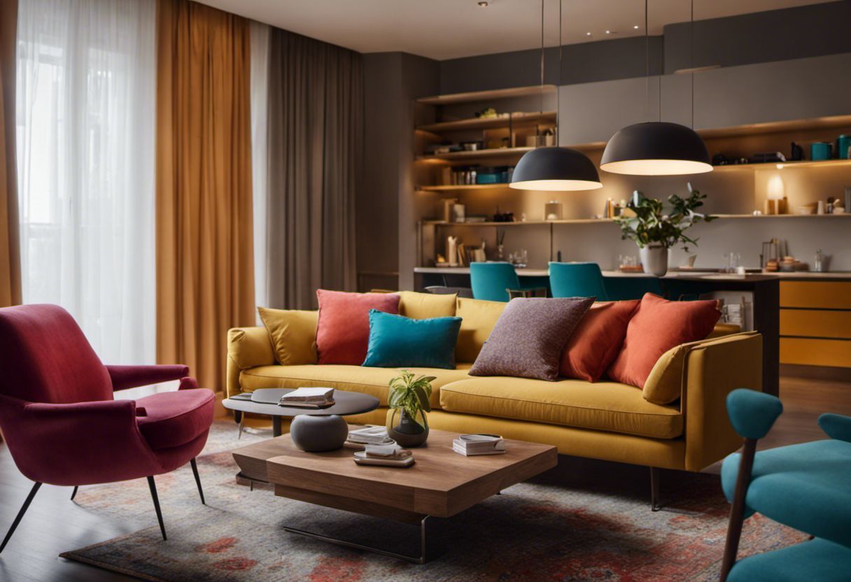 Aménagement d'appartement impressionnant avec mobilier coloré et détails précis