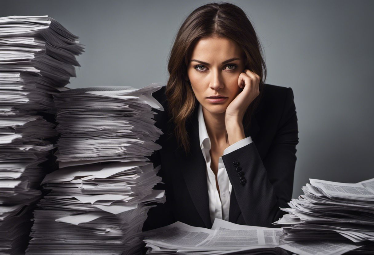 Closeup portrait of a distressed woman in a business suit surrounded by paperwork