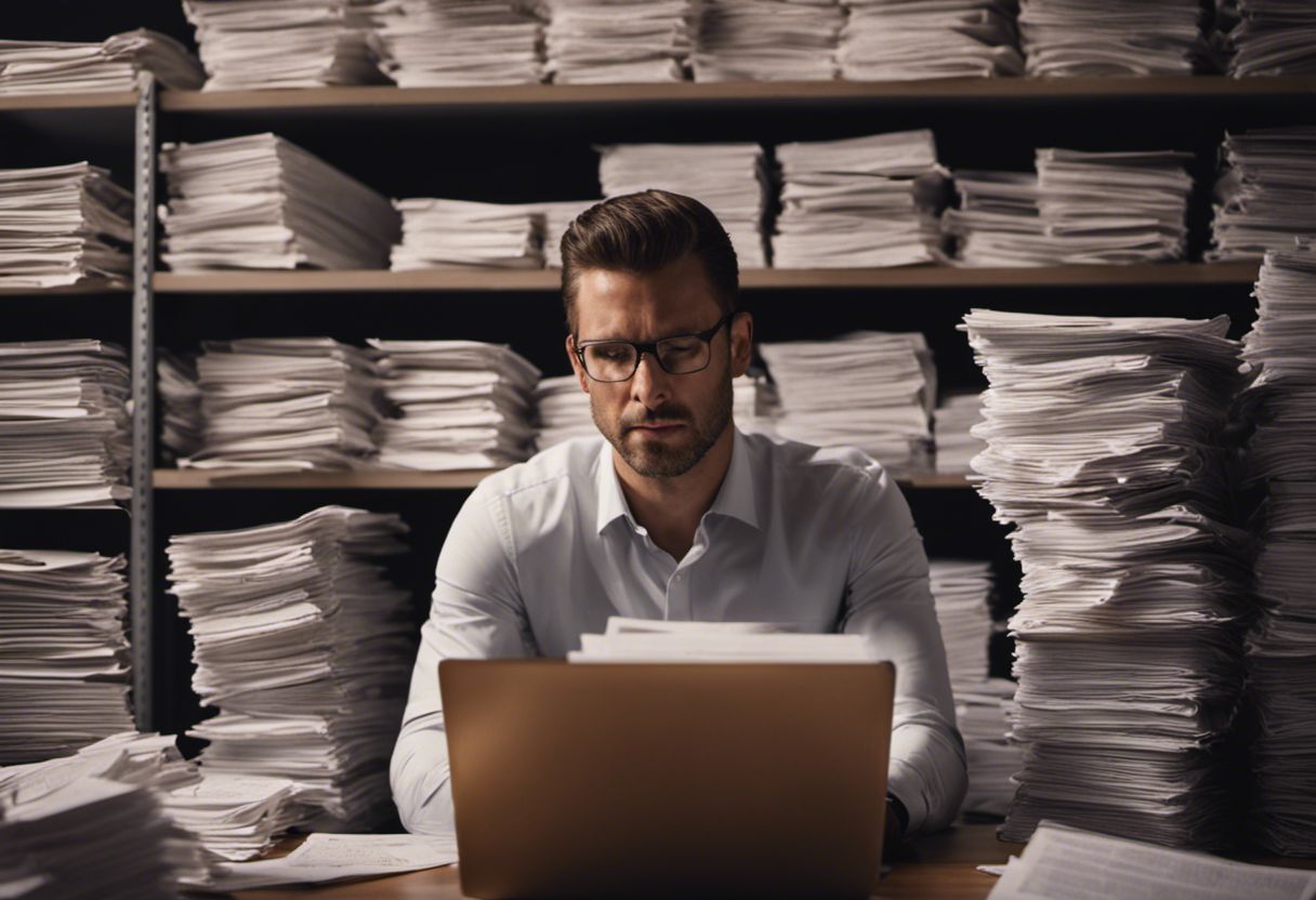 Homme stressé entouré de piles de documents fiscaux