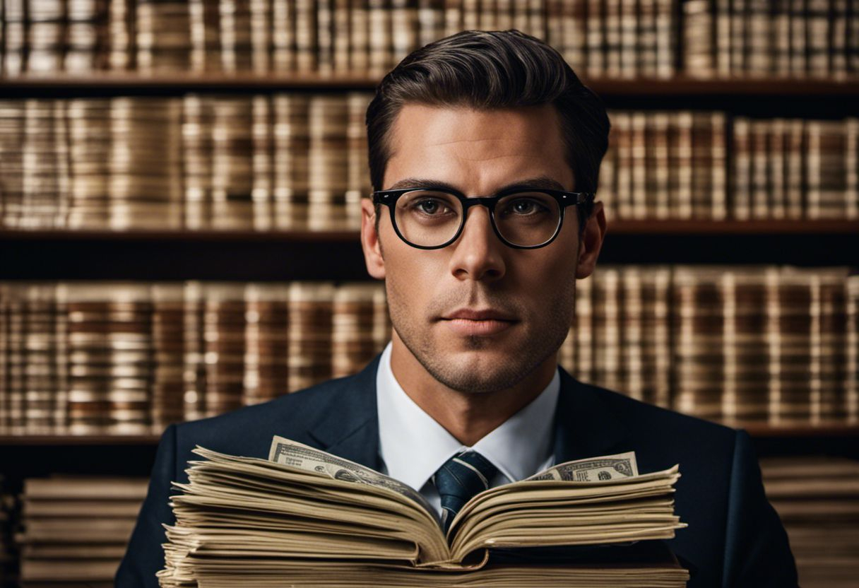 Portrait d'une personne élégante entourée d'argent et de livres financiers