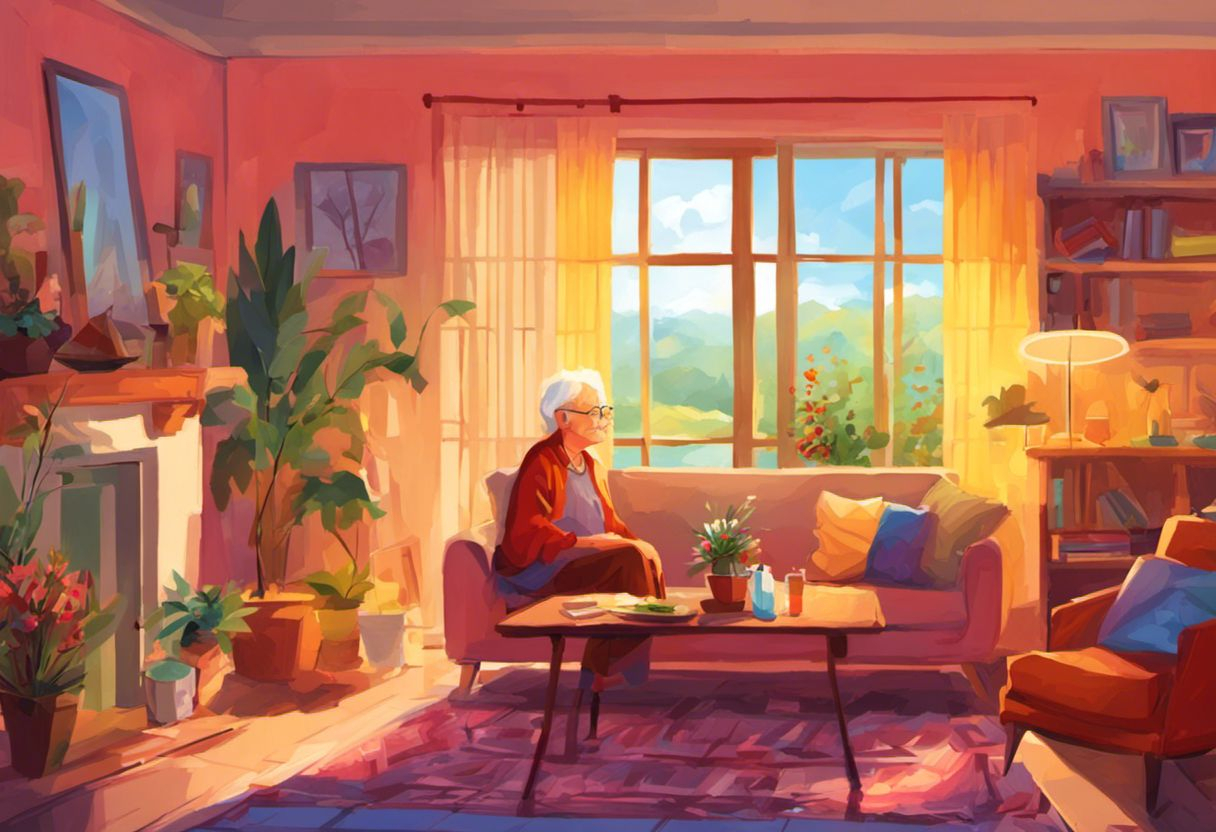 Colorful depiction of senior in cozy home environment